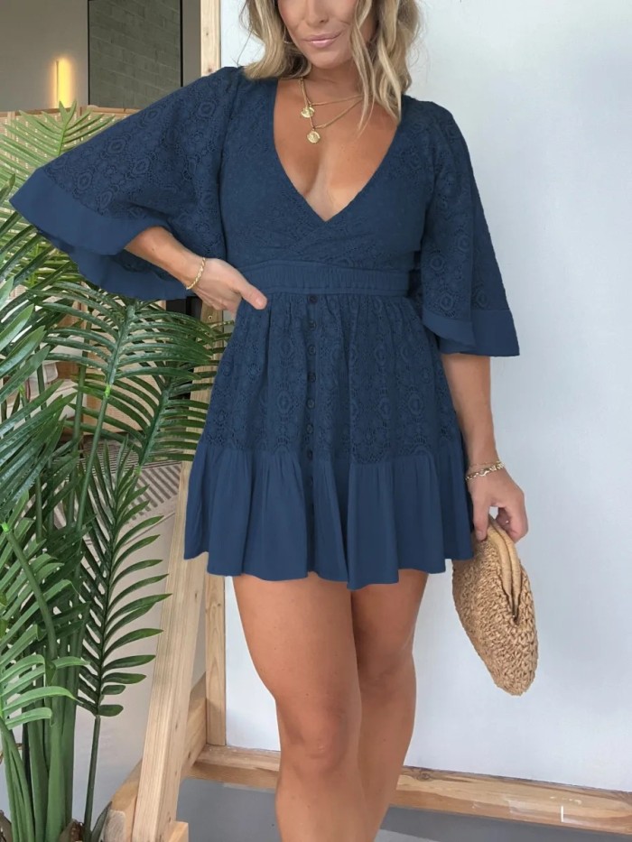 Summer Women's Lace Panel Batwing Sleeve Dress - Elegant Flowy Boho Maxi Dress, Casual Party Sundress