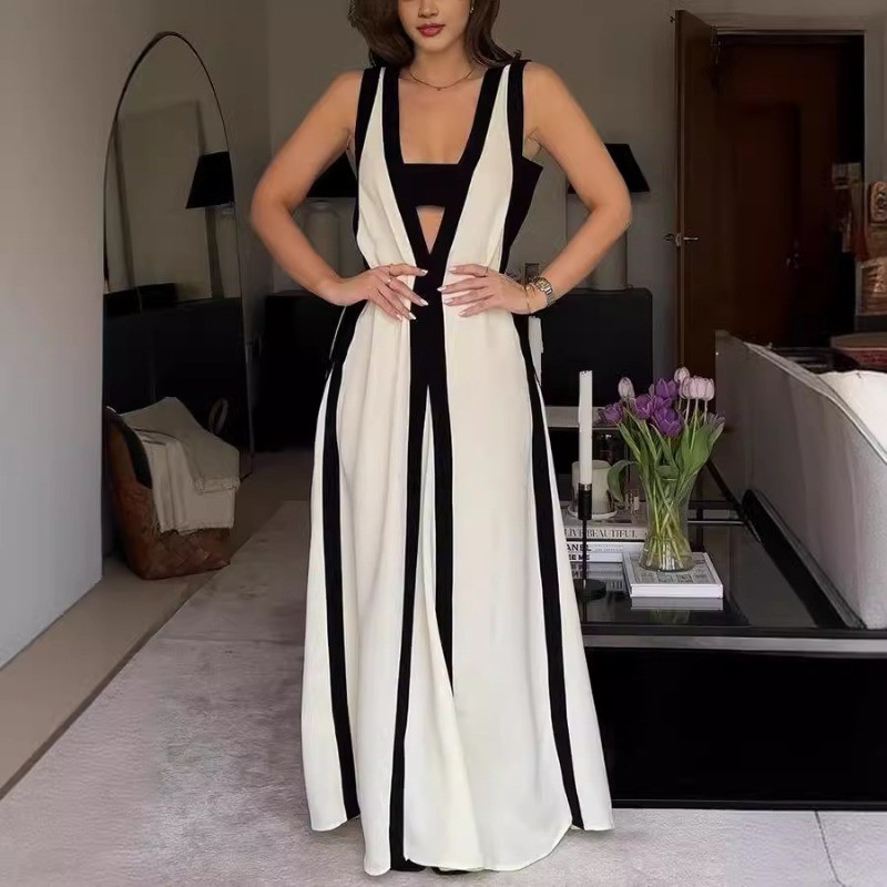 2025 Women's Reversible Backless Dress - Sexy V-Neck Color Block Sleeveless Casual Bodycon Dress