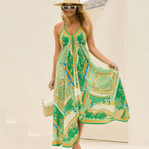 Women's Elegant V-Neck Bohemian Off-The-Shoulder Floral Chiffon Maxi Dress