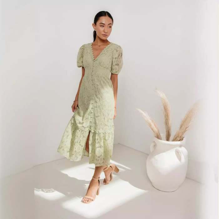 Women's Fashion Lace V-Neck Hollow Party Midi Dress