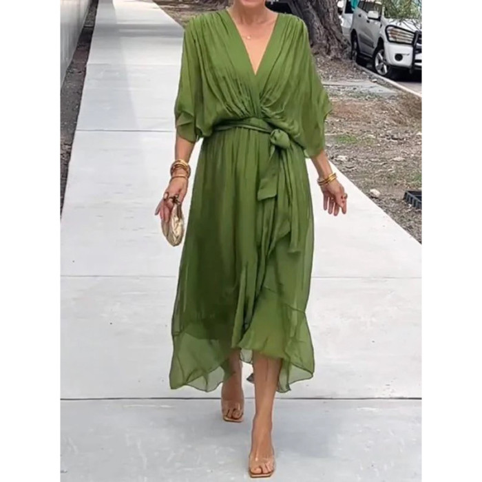 2025 New Women's Solid Color Belted Maxi Dress - Batwing Sleeve Asymmetrical Hem Casual Elegant Long Dress Boho Chic Style