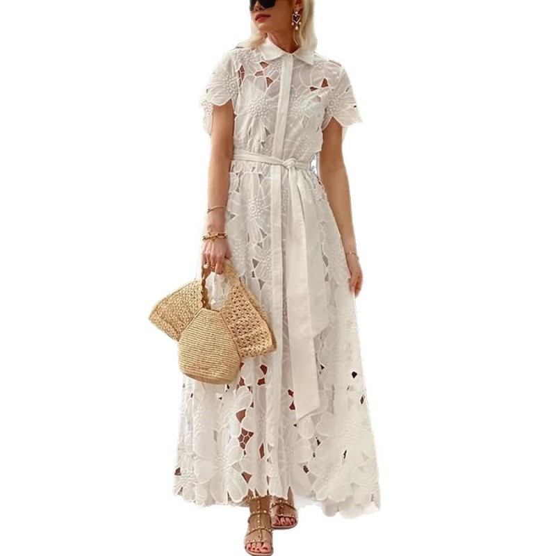 Petal Short Sleeve Party Dress Women Summer Hollow Out Sexy midi dresses Button Down with Tie Waist & Cutout