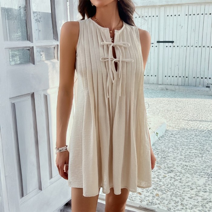 2025 Summer Women's Tie-Waist Pleated Sundress - Sleeveless Solid Mini Dress, Casual Beach Vacation Outfit