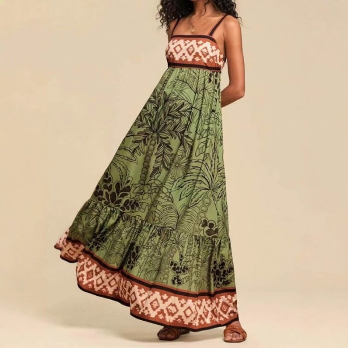 2025 Summer Women's Boho Strappy Dress - Floral Print Vacation Sundress Casual Beach Maxi Dress with Elastic Waist