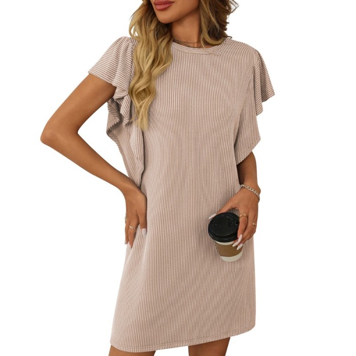 2025 Women's Color Block Twist Detail Dress - Round Neck Ruffled Sleeve Striped Short Dress for Vacation