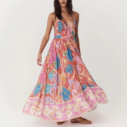 2025 Summer Women's Floral Print Strappy Sundress - Loose Fit Sleeveless Beach Dress, Casual Vacation Maxi Dress with Side Slit