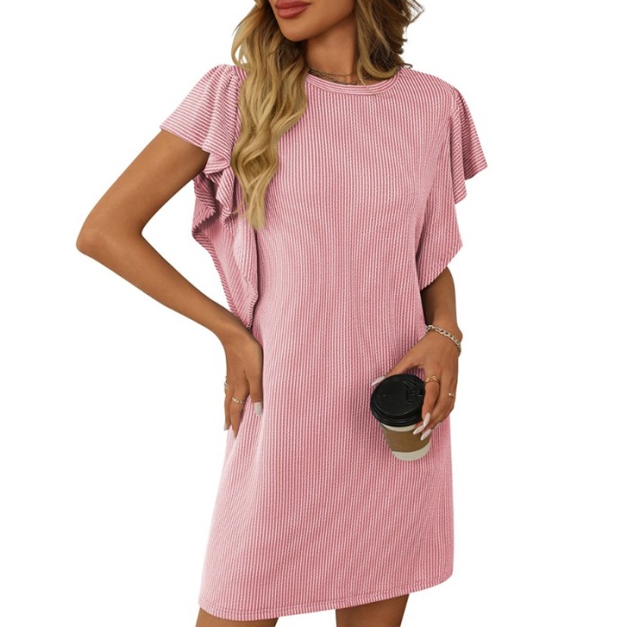 2025 Women's Color Block Twist Detail Dress - Round Neck Ruffled Sleeve Striped Short Dress for Vacation