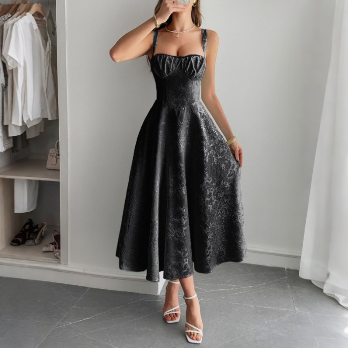 Women's Elegant Jacquard Spaghetti Strap Maxi Dress Classy Boho Chic Evening Gown with Floral Embroidery & Slit Beach Wedding
