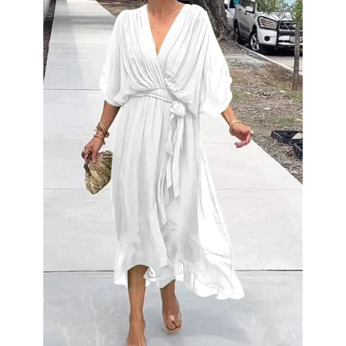 2025 New Women's Solid Color Belted Maxi Dress - Batwing Sleeve Asymmetrical Hem Casual Elegant Long Dress Boho Chic Style
