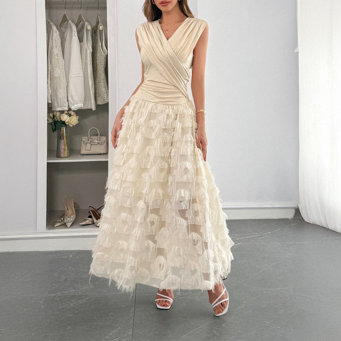 2025 Women's Elegant Patchwork Pleated Maxi Dress Fashion Asymmetrical Hem Chic Evening Gown with Ruffles & Slit Party Dress