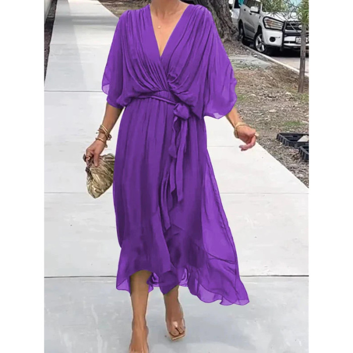 2025 New Women's Solid Color Belted Maxi Dress - Batwing Sleeve Asymmetrical Hem Casual Elegant Long Dress Boho Chic Style