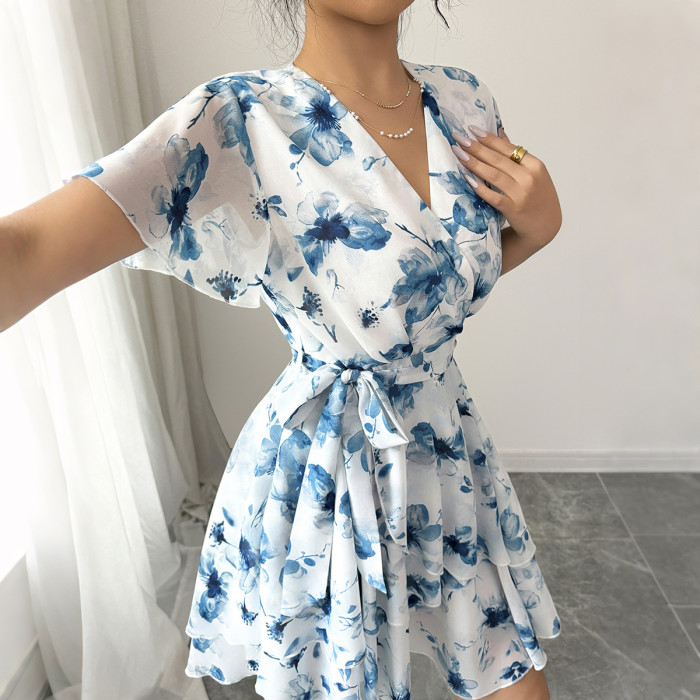 Women's Casual Vacation Floral Print Short Sleeve Tiered Dress with Ruffled Skirt Boho Beach Sundress Lightweight A-Line Dress