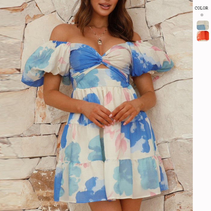 2025 Summer Women's Floral Print Sexy Short Dress - Cutout V-Neck Puff Sleeve Ruffled Hem Elegant Spliced Casual Dress