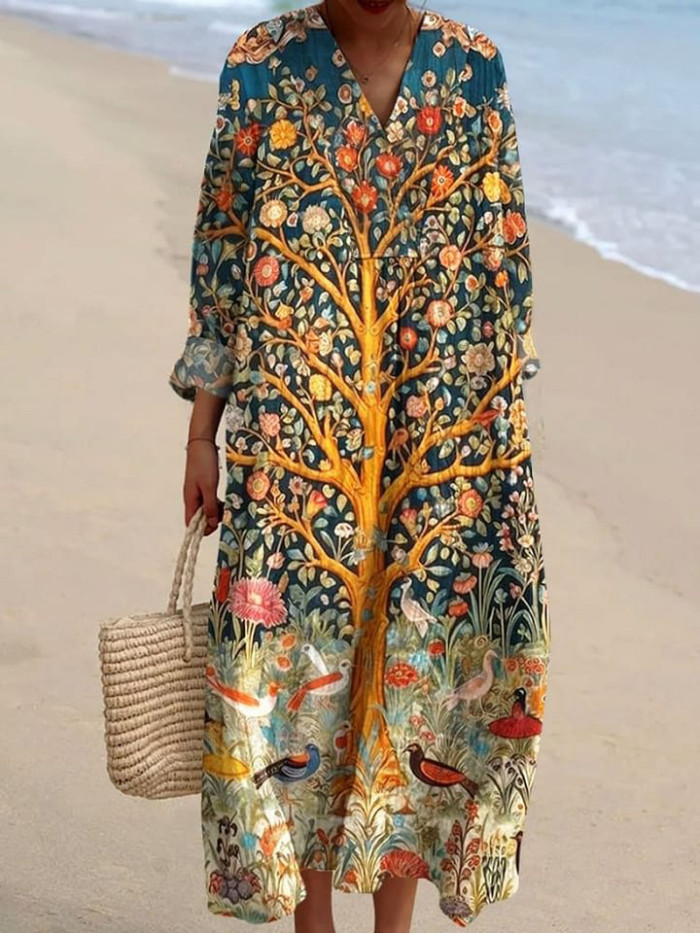 Women's Floral Print Long Sleeve Shirt Dress - Casual Loose V-Neck Beach Sundress Summer Maxi Dress