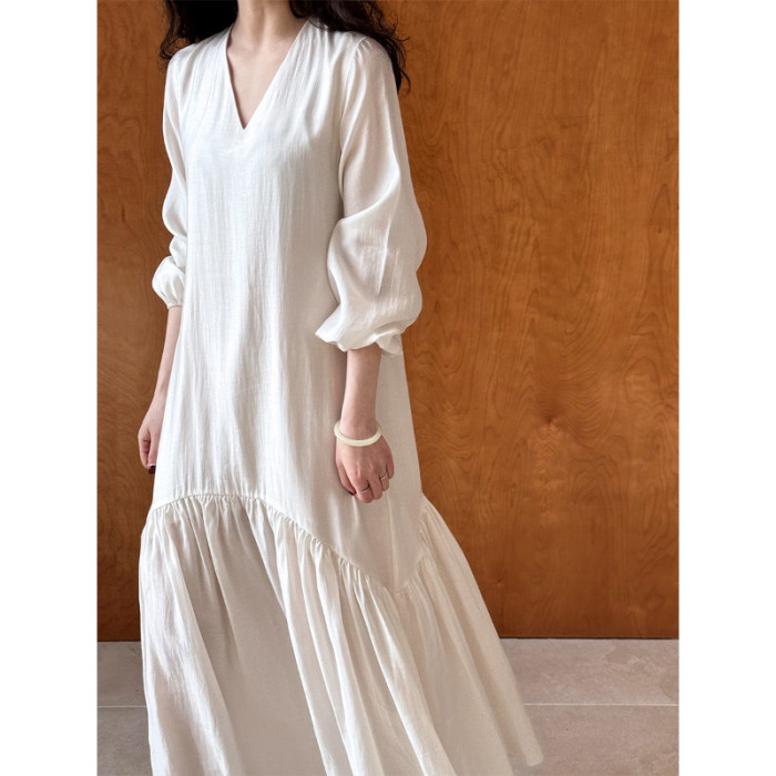 New Women's Tencel French Style Mermaid Hem Long Dress Loose Fit Soft Flowy Elegant Maxi Dress Simple Patchwork V-Neck Women's