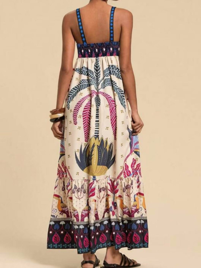 2025 Summer Women's Boho Strappy Dress - Floral Print Vacation Sundress Casual Beach Maxi Dress with Elastic Waist
