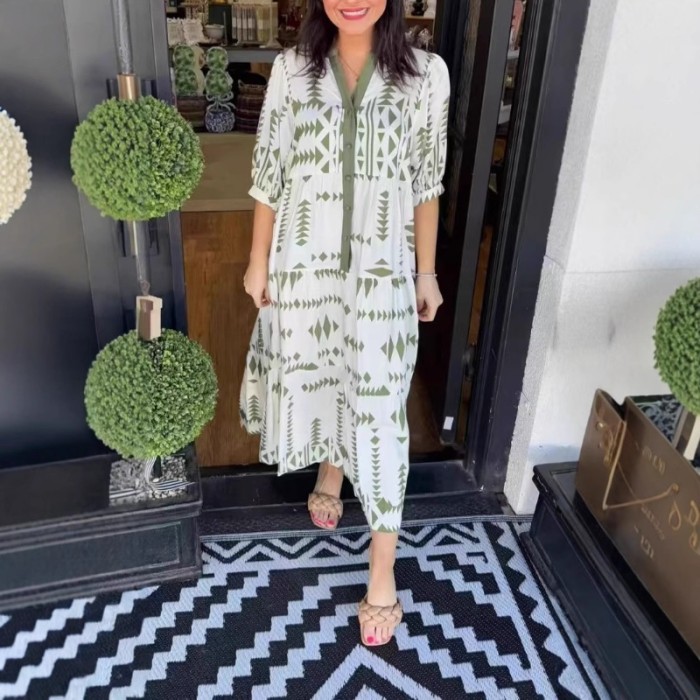 Women's 2025 New Floral Print Boho Shirt Dress Sexy V-Neck 3/4 Sleeve Button Down Maxi Dress