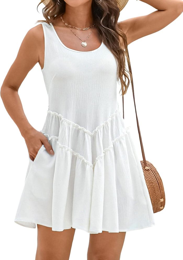 2025 Women's Elegant Beach Cover Up Dress - U Neck V-Cut Lace Trim Pocket Solid Color Casual Sun Protection Dress