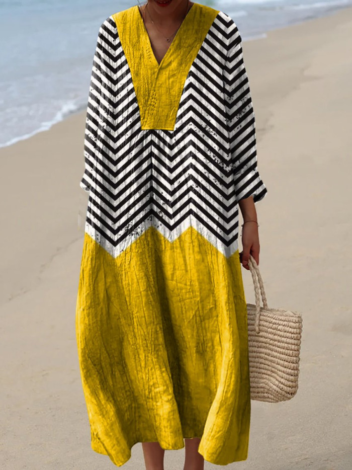 Women's Floral Print Long Sleeve Shirt Dress - Casual Loose V-Neck Beach Sundress Summer Maxi Dress