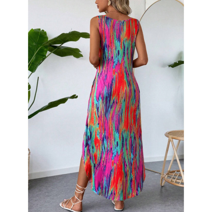 Summer Women's Floral Print Sleeveless Bodycon Dress - Slim Fit Pocket Sundress Sexy High Slit Beach Casual Maxi Dress