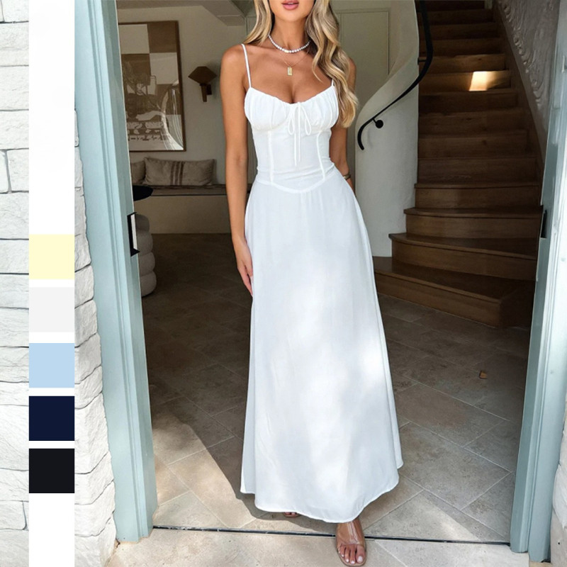2025 Summer Women's Elegant Spaghetti Strap A-Line Maxi Dress Classy Slim Fit Evening Gown Party Dress with Slit Beach Dress