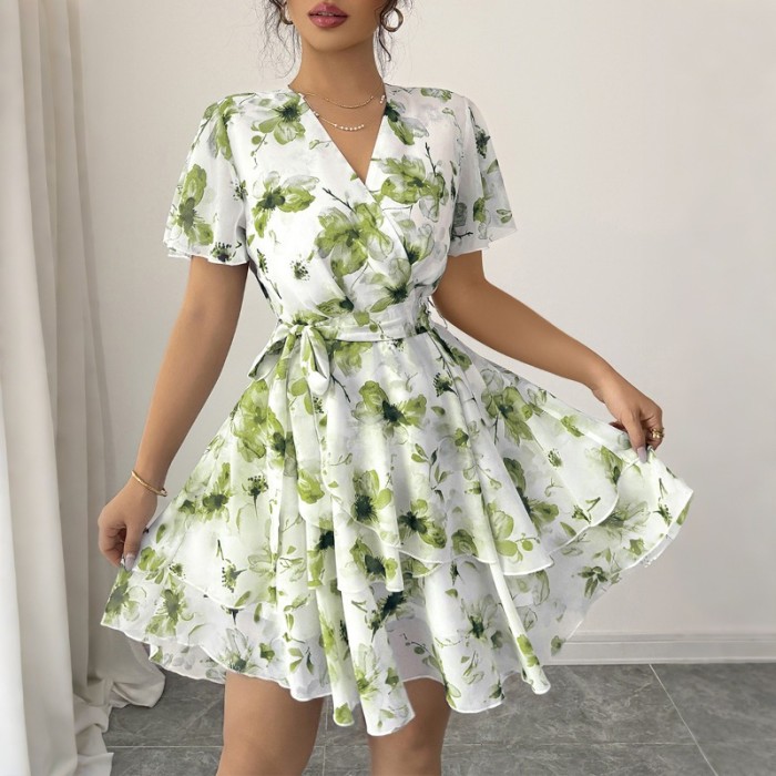 Women's Casual Vacation Floral Print Short Sleeve Tiered Dress with Ruffled Skirt Boho Beach Sundress Lightweight A-Line Dress