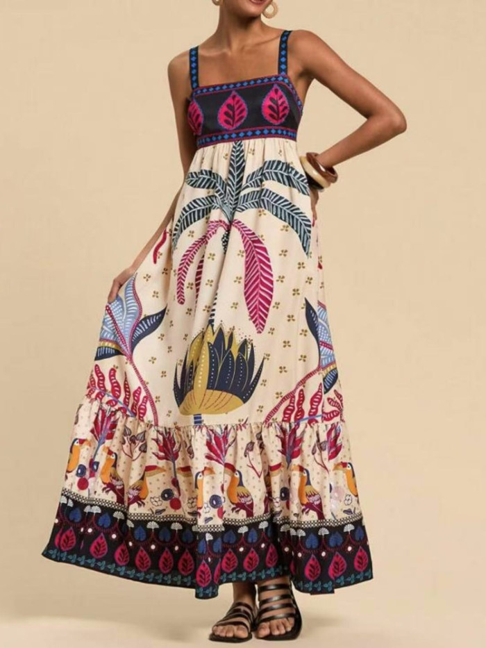 2025 Summer Women's Boho Strappy Dress - Floral Print Vacation Sundress Casual Beach Maxi Dress with Elastic Waist