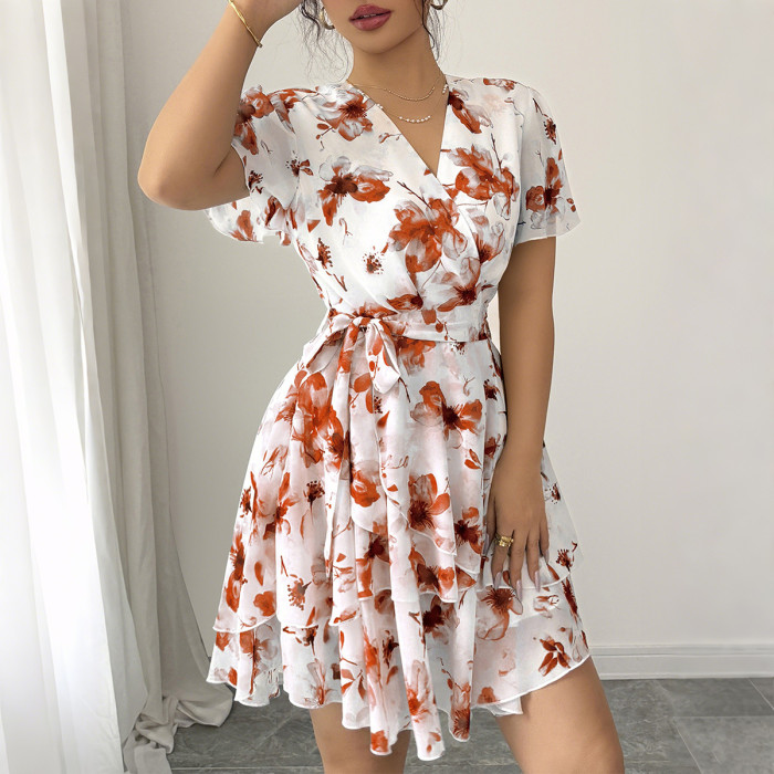 Women's Casual Vacation Floral Print Short Sleeve Tiered Dress with Ruffled Skirt Boho Beach Sundress Lightweight A-Line Dress