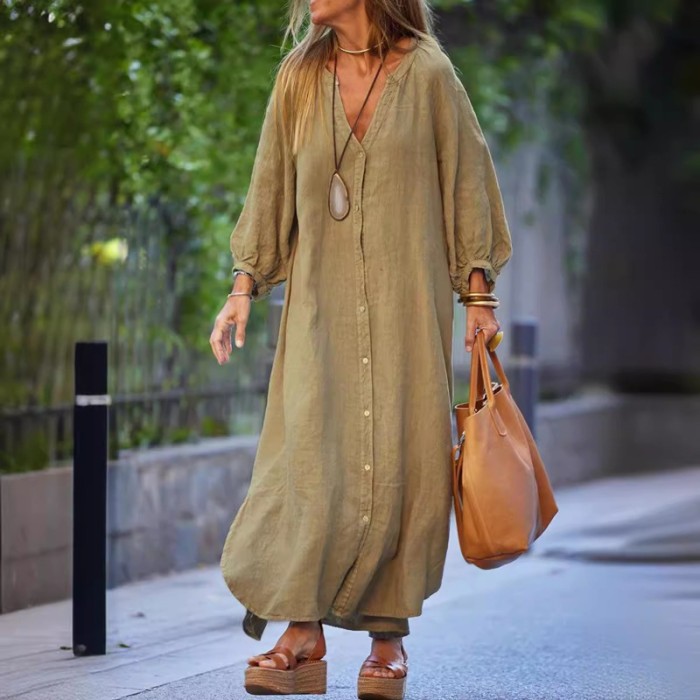 2025 Spring Summer Women's Linen Blend Shirt Dress - Long Sleeve Open Front Casual Button Down Tunic Dress with Pockets