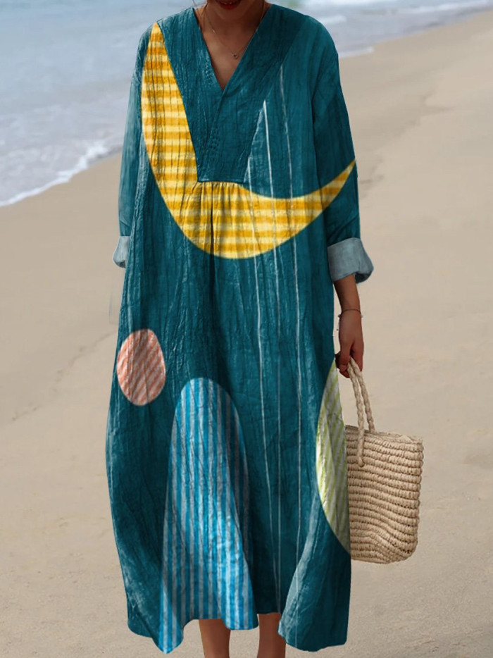 Women's Floral Print Long Sleeve Shirt Dress - Casual Loose V-Neck Beach Sundress Summer Maxi Dress