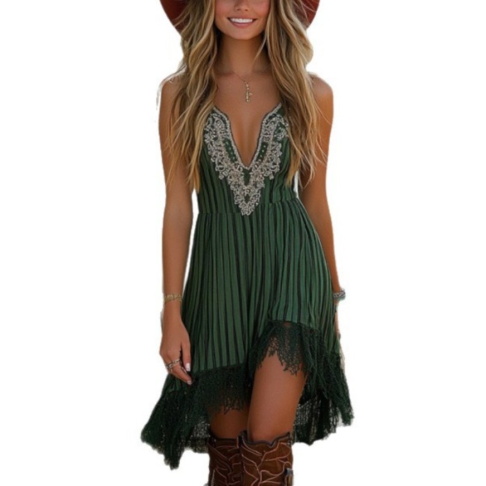 Women's Western Boho Dress - Striped Print Patchwork Fringe Sleeveless V-Neck Sexy Solid Color Summer Dress