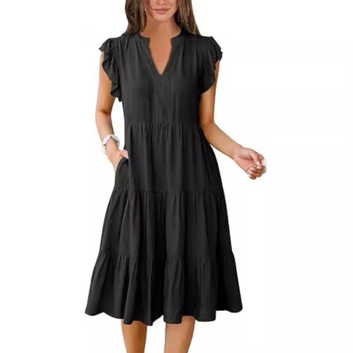 2025 Women's Solid V-Neck Dress - Flounced Sleeve Tiered Maxi Dress with Pockets & Pleated Skirt