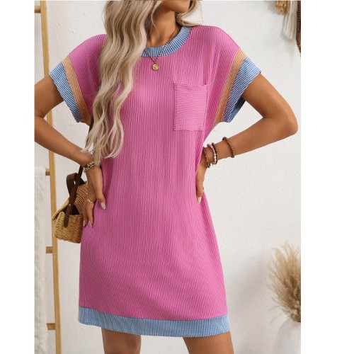 2025 Summer Women's Color Block Twist Detail Dress - Short Sleeve Pocket Casual Shift Dress Trendy Contrast Trim Sundress