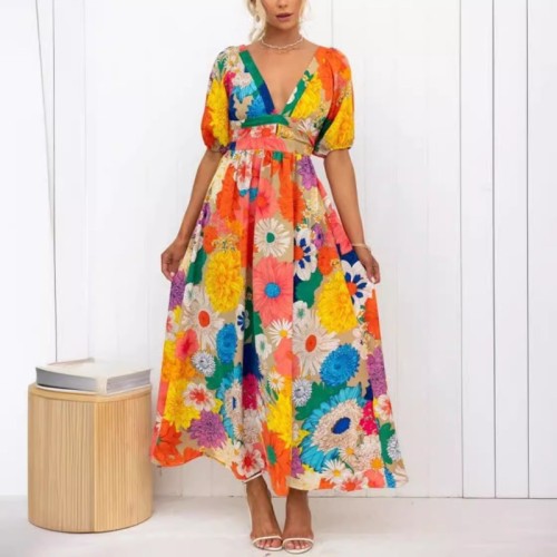 Women's Summer V-Neck French Floral Print Puff Sleeve Dress Casual Vacation Boho Maxi Dress