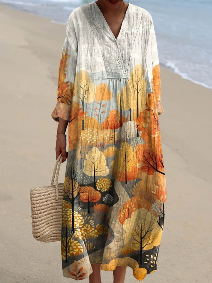 Women's Floral Print Long Sleeve Shirt Dress - Casual Loose V-Neck Beach Sundress Summer Maxi Dress