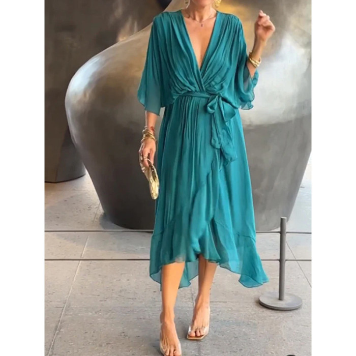 2025 New Women's Solid Color Belted Maxi Dress - Batwing Sleeve Asymmetrical Hem Casual Elegant Long Dress Boho Chic Style