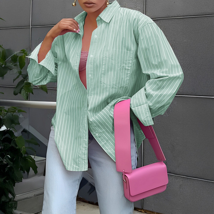 Women's Casual Vacation Striped Long Sleeve Shirt Minimalist Loose Fit Blouse Beach Top with Button Down Office Travel Shirt