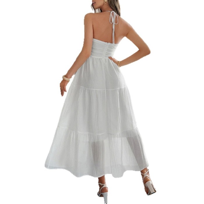 2025 Summer Women's Vacation Halter Neck Semi-Sheer Dress Wrinkle-Free Lyocell Boho Beach Maxi Dress with Side Slit