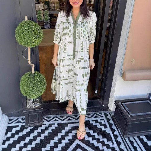 Women's 2025 New Floral Print Boho Shirt Dress Sexy V-Neck 3/4 Sleeve Button Down Maxi Dress