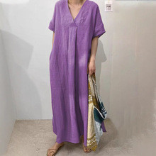 Women's Casual V-neck Cotton and Linen Solid Color Maxi Dress
