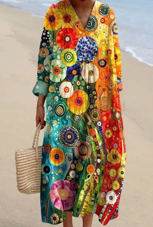 Women's Floral Print Long Sleeve Shirt Dress - Casual Loose V-Neck Beach Sundress Summer Maxi Dress