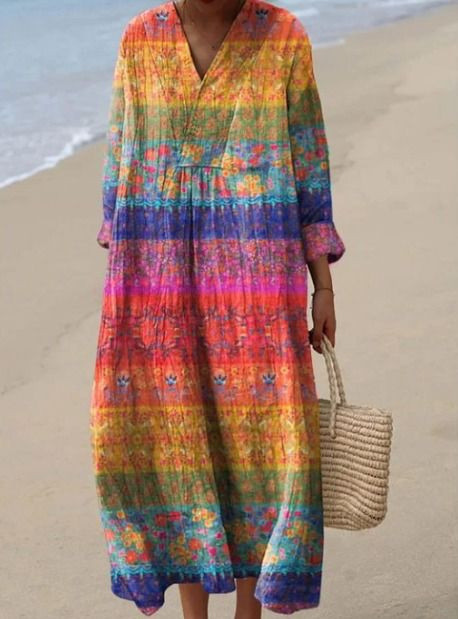 Women's Floral Print Long Sleeve Shirt Dress - Casual Loose V-Neck Beach Sundress Summer Maxi Dress