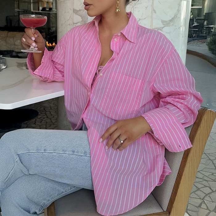 Women's Casual Vacation Striped Long Sleeve Shirt Minimalist Loose Fit Blouse Beach Top with Button Down Office Travel Shirt