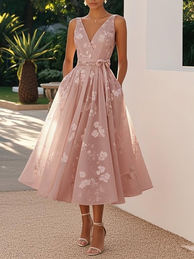 Women's Elegant Print Sexy V-Neck Backless Sleeveless Ball Gown Midi Dress