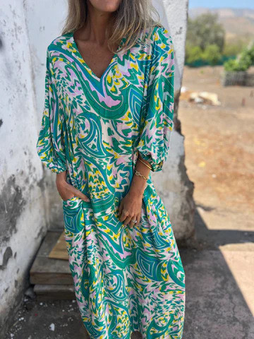 2025 Spring Summer Women's V-Neck Leopard Print Dress - Relaxed Fit 3/4 Sleeve Pocket Dress Casual Elegant Tunic Maxi