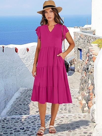 2025 Women's Solid V-Neck Dress - Flounced Sleeve Tiered Maxi Dress with Pockets & Pleated Skirt
