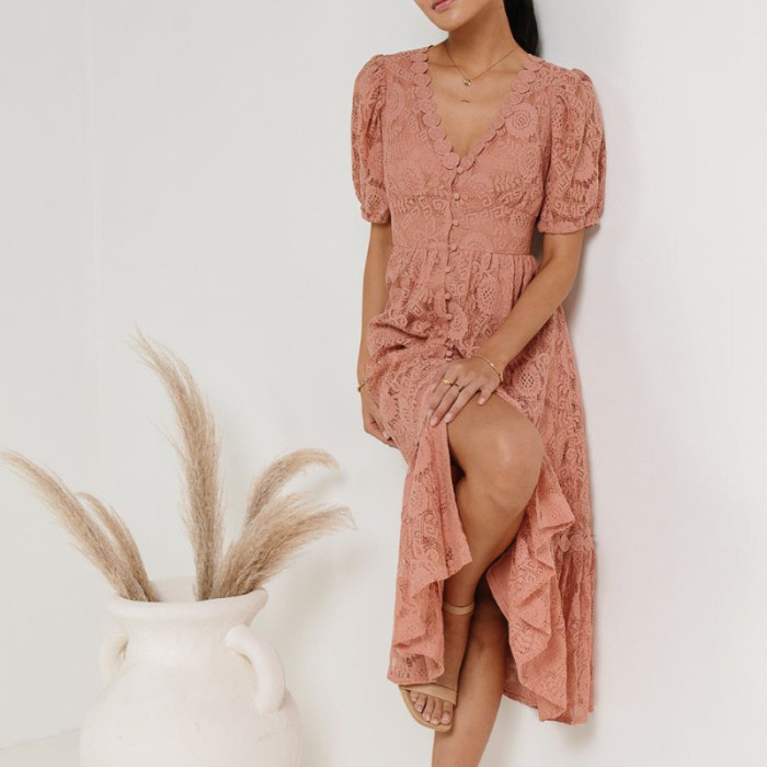 Women's Fashion Lace V-Neck Hollow Party Midi Dress
