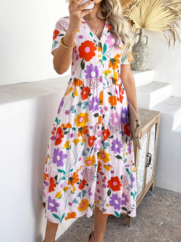 Boho Dress - High Waist Geometric Print Casual Vacation Dress, Flowy Beach Maxi Dress with Color Blocking, Bohemian Wrap Dress