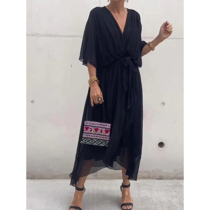 2025 New Women's Solid Color Belted Maxi Dress - Batwing Sleeve Asymmetrical Hem Casual Elegant Long Dress Boho Chic Style