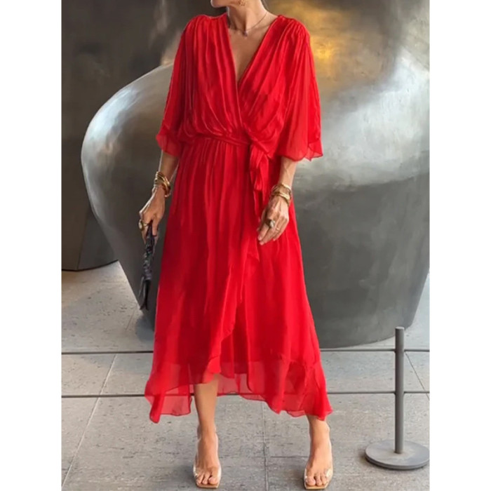 2025 New Women's Solid Color Belted Maxi Dress - Batwing Sleeve Asymmetrical Hem Casual Elegant Long Dress Boho Chic Style